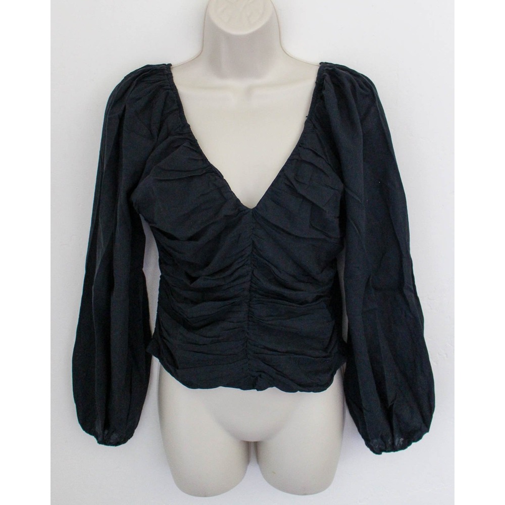 Abercrombie & Fitch Cropped Top Medium Black V-Neck Smocked Ruched Puff Sleeve